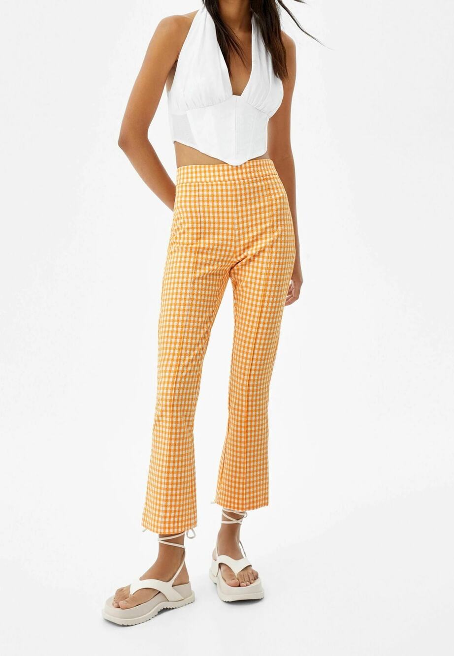 Bershka Orange Gingham Y2K Cropped Flare Pants High Waisted Retro Preppy Plaid 0